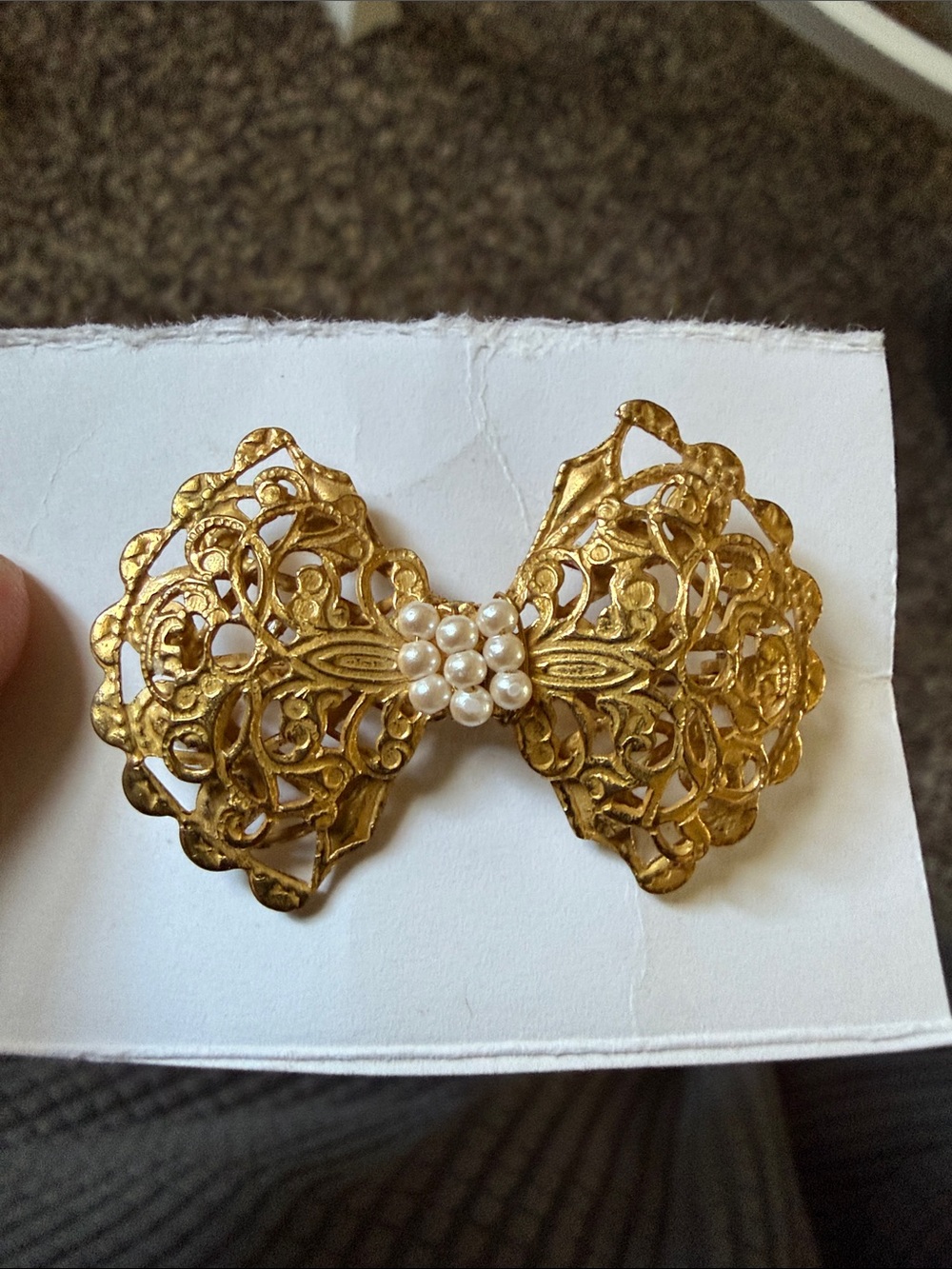 Vintage Gold Filigree Bow Brooch with Pearl Cluster